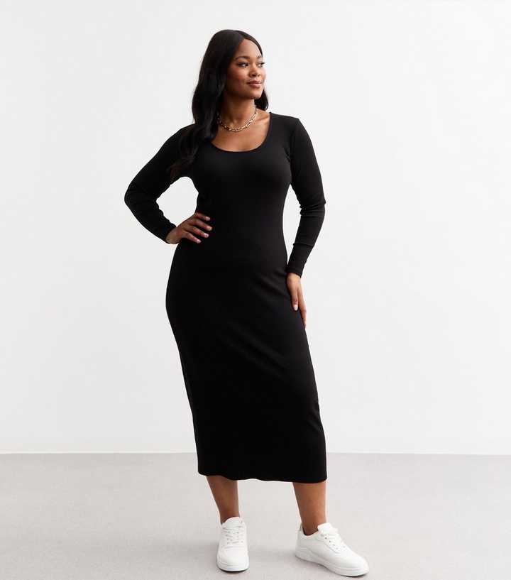 black dresses to wear with boots Black Slub Jersey Polo Collared Midi Dress