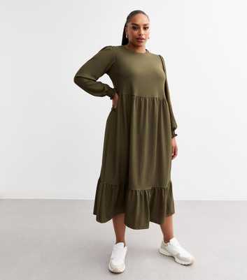 Curves Khaki Crinkled Midi Smock Dress