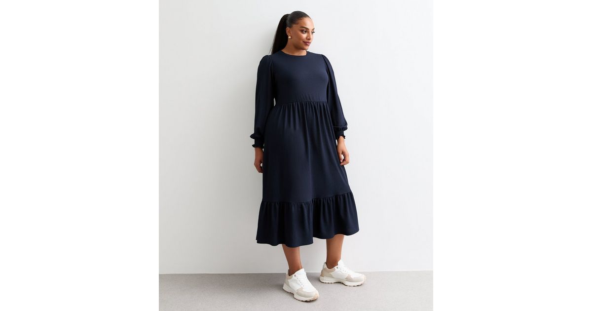 Curves Navy Crinkled Midi Smock Dress | New Look