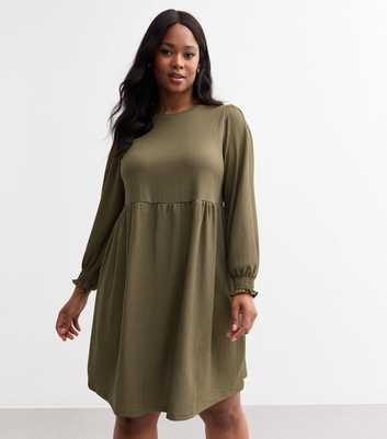 Curves Khaki Crinkle Long Sleeve Mini Smock Dress