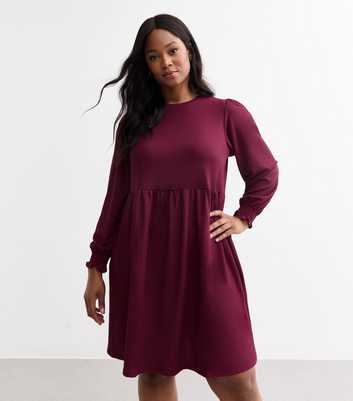 Curves Burgundy Crinkle Long Sleeve Mini Smock Dress