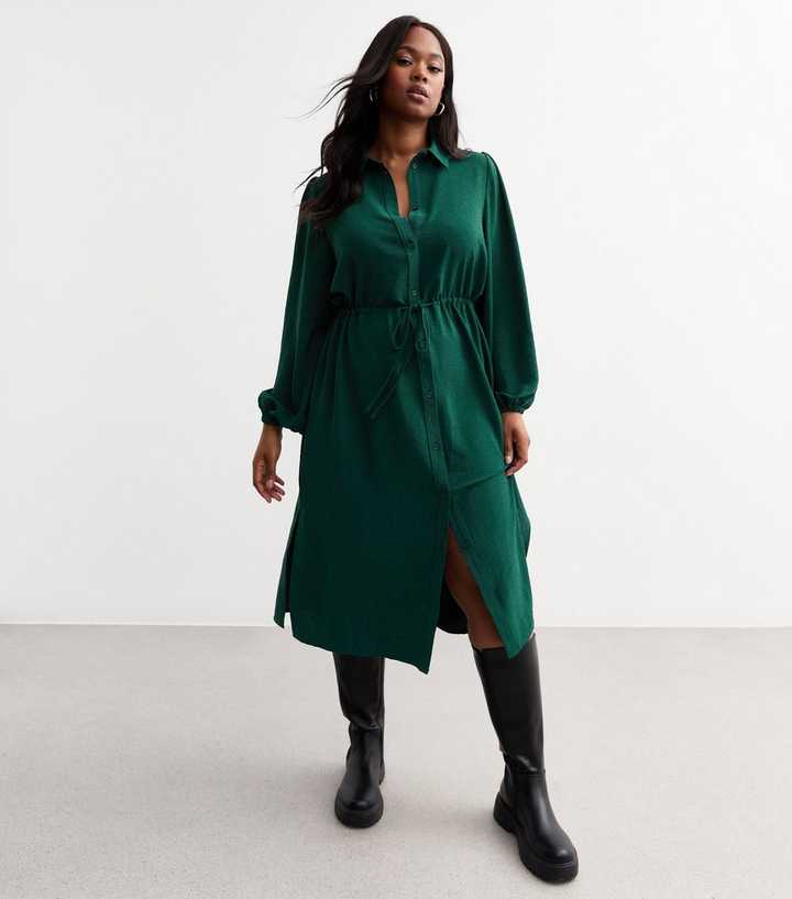 Curves Dark Green Drawstring Waist Midi Shirt Dress