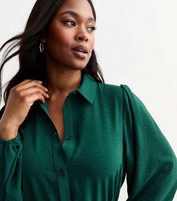 Curves Dark Green Drawstring Waist Midi Shirt Dress