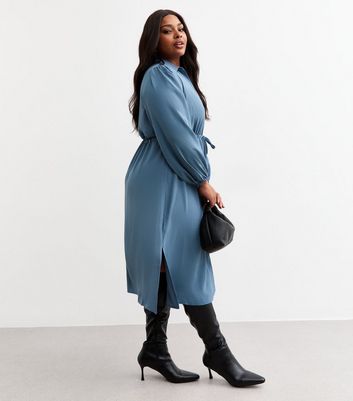 Curves Blue Drawstring Waist Midi Shirt Dress | New Look