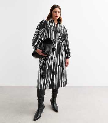 Curves Black Striped Midi Shirt Dress