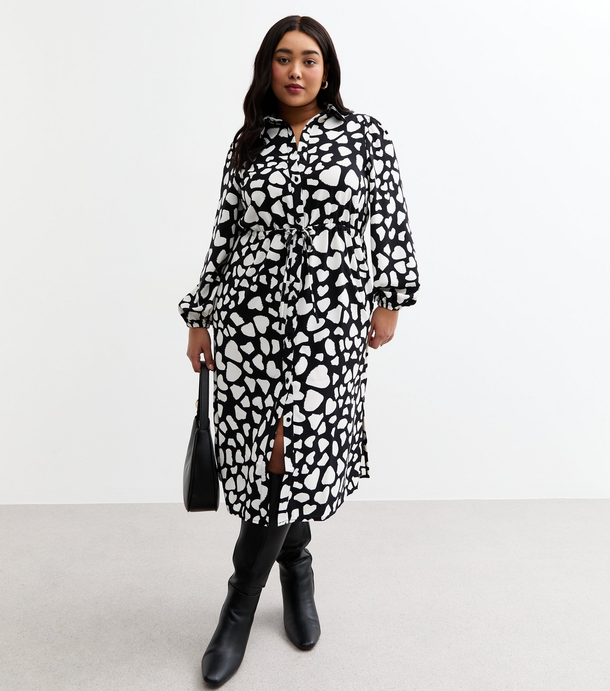 Women's Plus Size Black Patterned Midi Shirt Dress Curves New Look