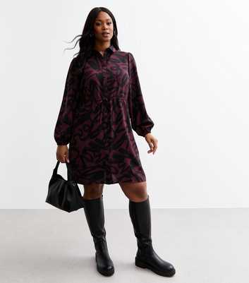 Curves Burgundy Squiggle Print Mini Shirt Dress