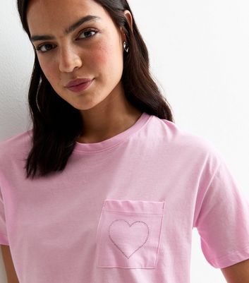 Pink Heart Pocket Boxy Cotton T-Shirt New Look