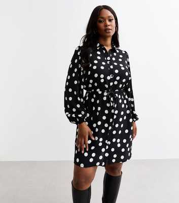 Curves Black Polka Dot Mini Shirt Dress