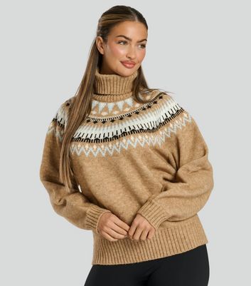 Roll Neck Knit Jumper - Brown