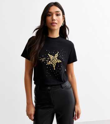 Black Metallic Christmas Leopard Star Print T-Shirt