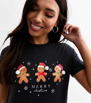 Black Merry Christmas Gingerbread Men Printed T-Shirt