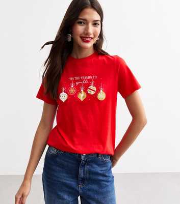 Red Christmas Sparkle Season Bauble Print T-Shirt