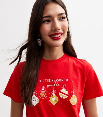 Red Christmas Sparkle Season Bauble Print T-Shirt