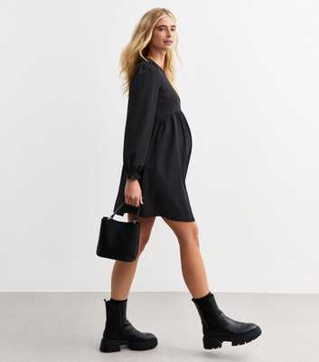 Maternity Black Crinkle Long Sleeve Smock Mini Dress