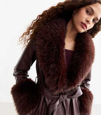 Burgundy Leather-Look Faux Fur Collar Belted Coat