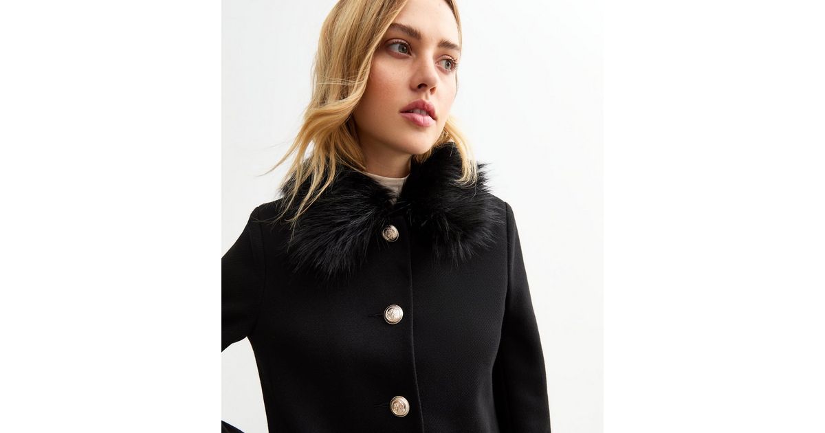 Black Faux Fur Collar Coat | New Look