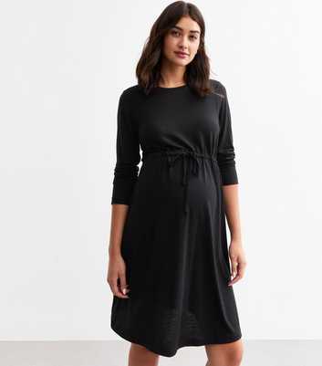 Maternity Black Drawstring Long Sleeved Dress