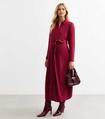 Maternity Burgundy Belted Shirt Dress