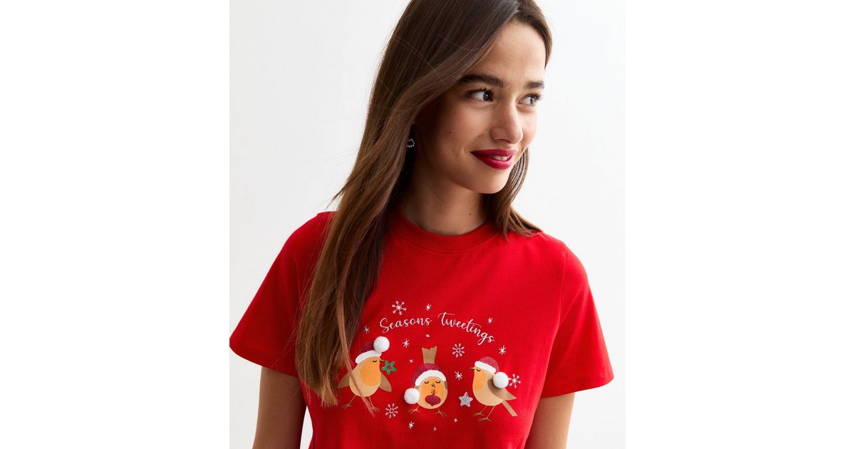 Red Cotton Season's Greetings Christmas T-Shirt New Look
