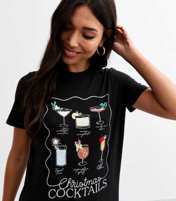 Black Christmas Cocktails Print T-Shirt