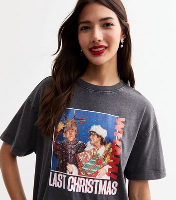 Dark Grey Wham Last Christmas Print Oversized Acid Wash T-Shirt