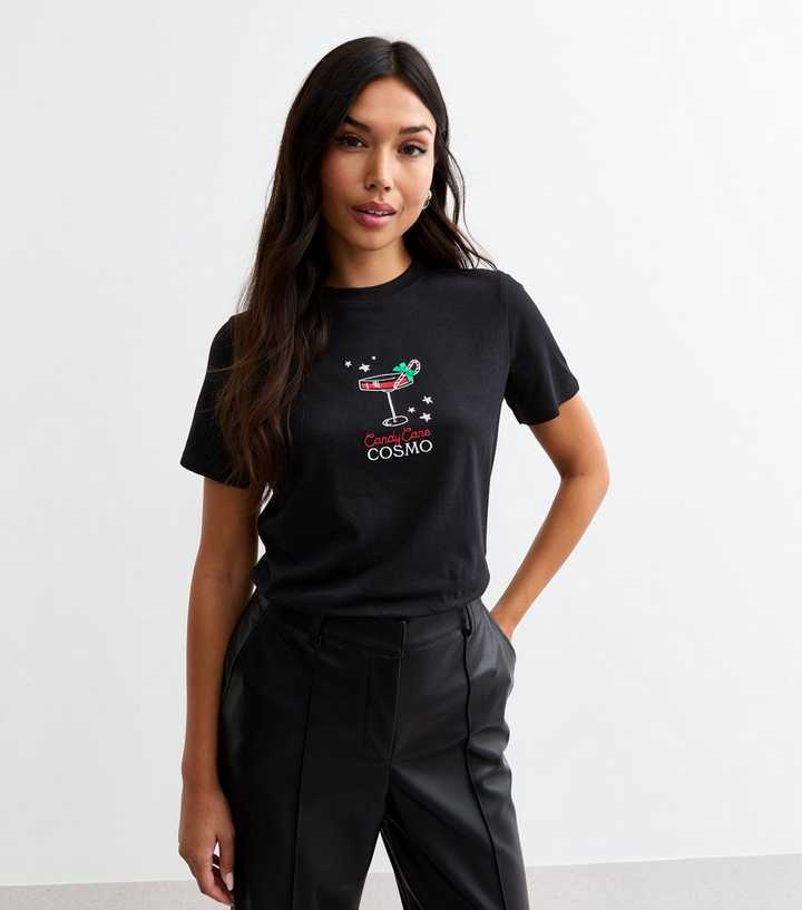 Black Christmas Cosmo Embroidered T-Shirt New Look