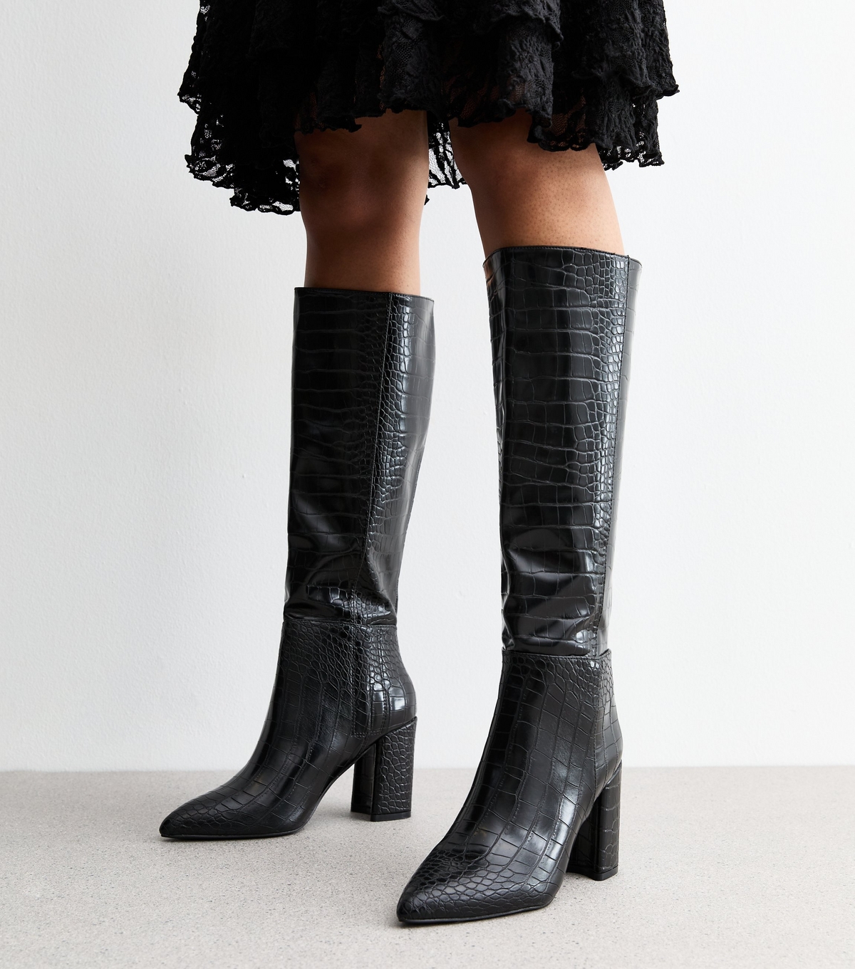 Women's Black Croc Effect Faux Leather Knee High Boots Public Desire New Look