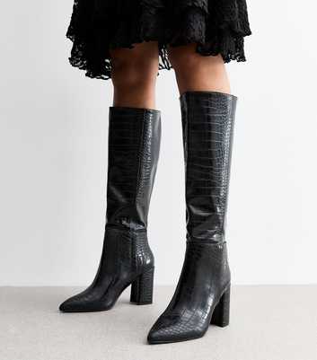 Public Desire Black Croc Effect Faux Leather Knee High Boots