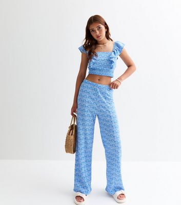 Girls Blue Crinkled Wide Leg Trousers New Look