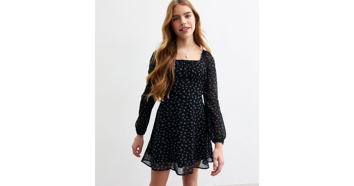 Girls Black Floral Chiffon Long Sleeve Dress | New Look