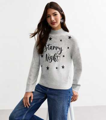 Grey Starry Night Slogan High Neck Jumper