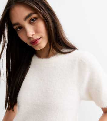 Off White Fluffy Knit Short Sleeve Top