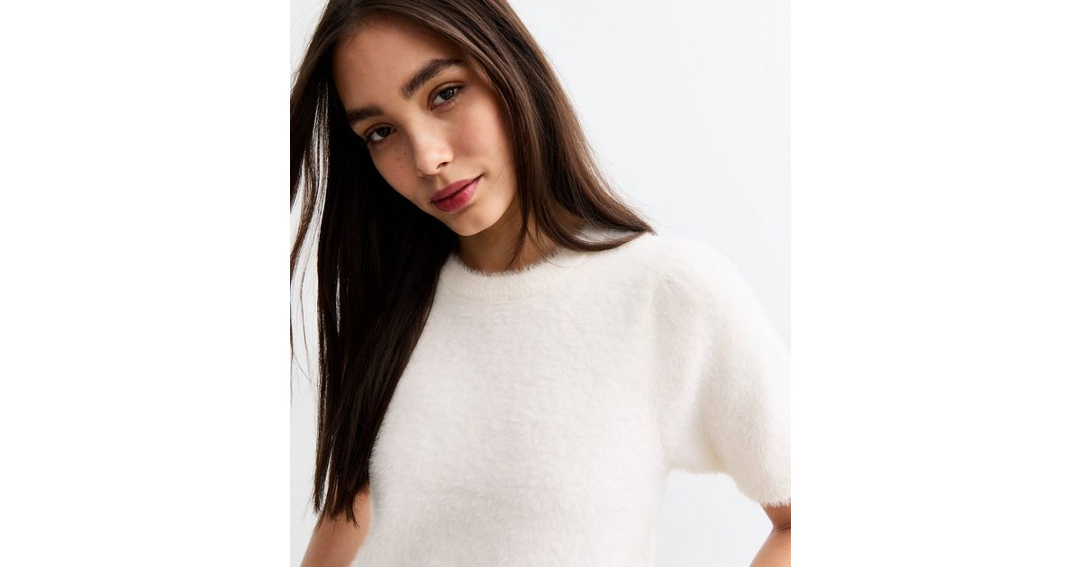 Off White Short Ruffle Sleeve Ribbed Knit Top