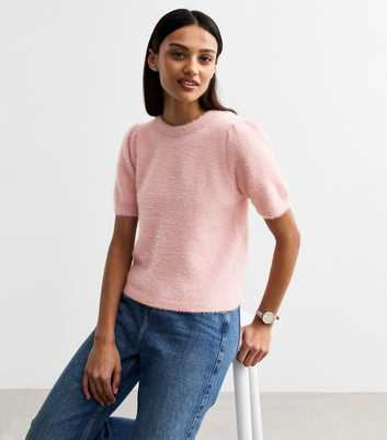 Pink Fluffy Knit Short Sleeve Top