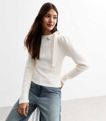 Cream Bow Accent Fluffy Jumper 