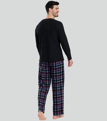 Men's Loungeable Men Black Fleece Check Stripe Pyjama Set New Look