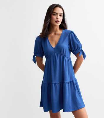 Blue Crinkled V-Neck Mini Smock Dress