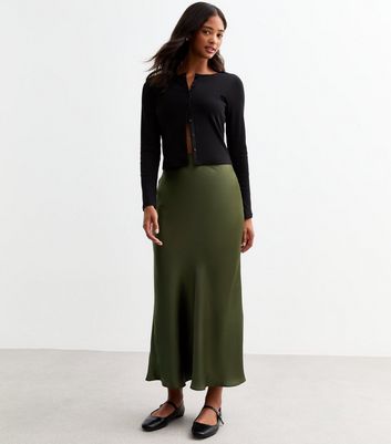 Khaki Satin Midi Skirt New Look