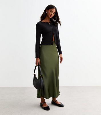 Khaki Satin Midi Skirt New Look