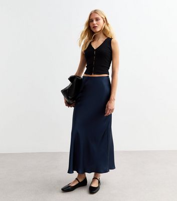 Navy Satin Midi Skirt | New Look