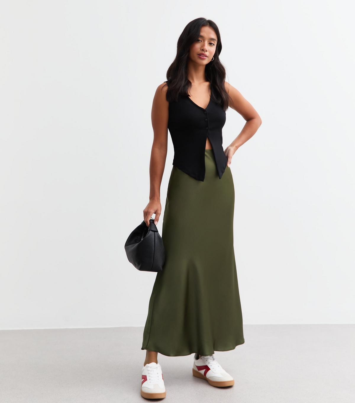 Women's Petite Khaki Satin Midi Skirt New Look