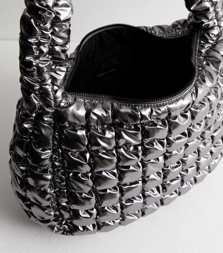 NAARIIAN Quilted Puffy Crossbody Bag For Women - Silver Medium Shoulder Bag With Guitar Strap, Soft & Trendy