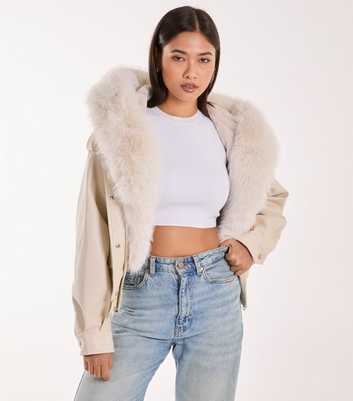 Pink Vanilla Stone Cropped Faux Fur Trimmed Jacket