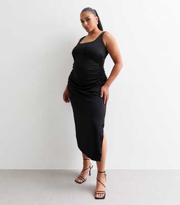 Curves Black Square Neck Ruched Midi Dress