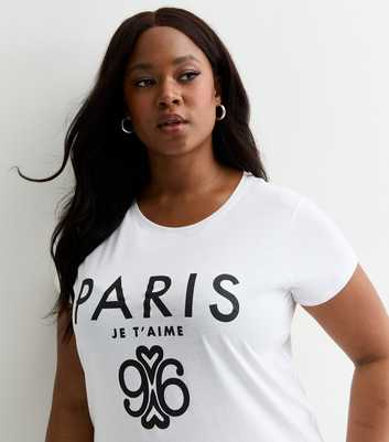 Curves White Paris Slogan Cotton T-Shirt 