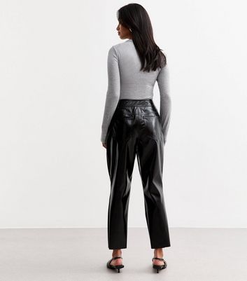 Petite Black Faux Patent Leather Straight Trousers New Look