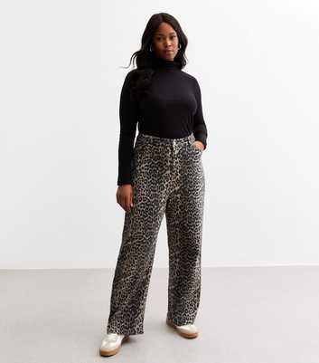 Curves Brown Leopard Print Wide Leg Jeans