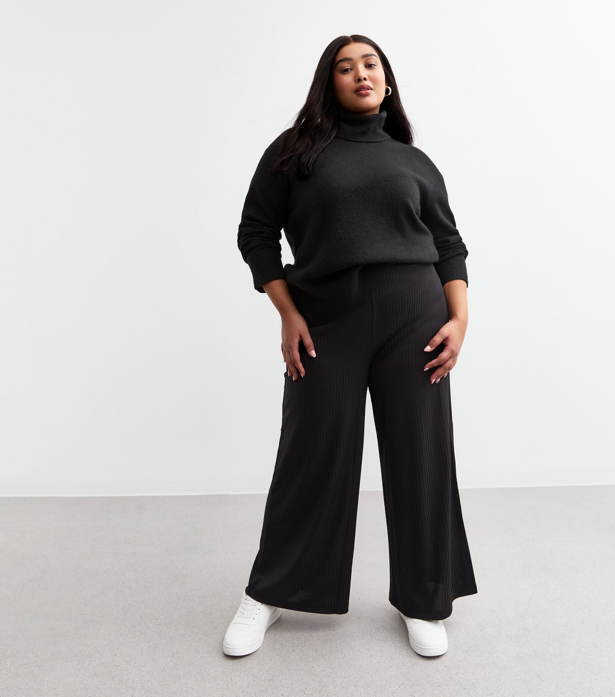 Women's Plus Size Black Rib Jersey Wide Leg Trousers Curves New Look