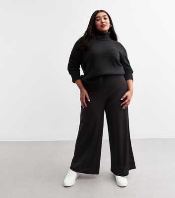 Curves Black Rib Jersey Wide Leg Trousers